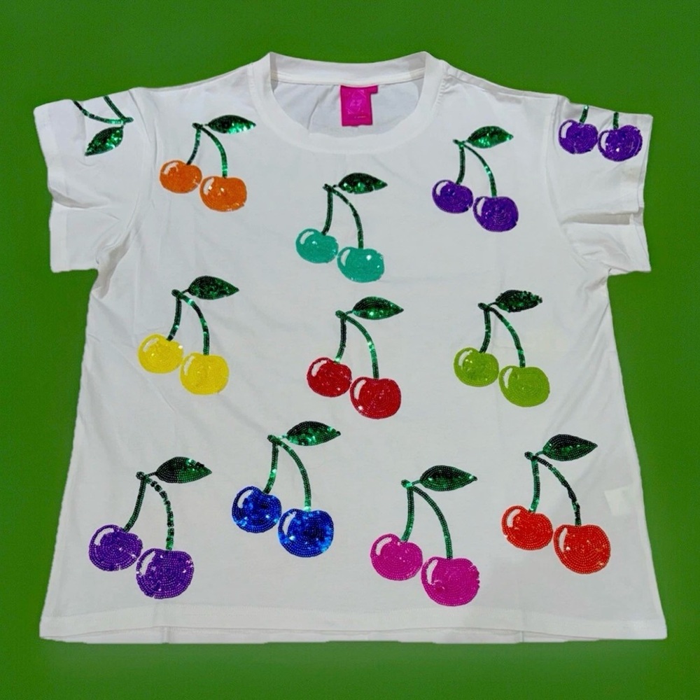 🍒NWOT Queen Of Sparkles S Sequined Cherries Tee